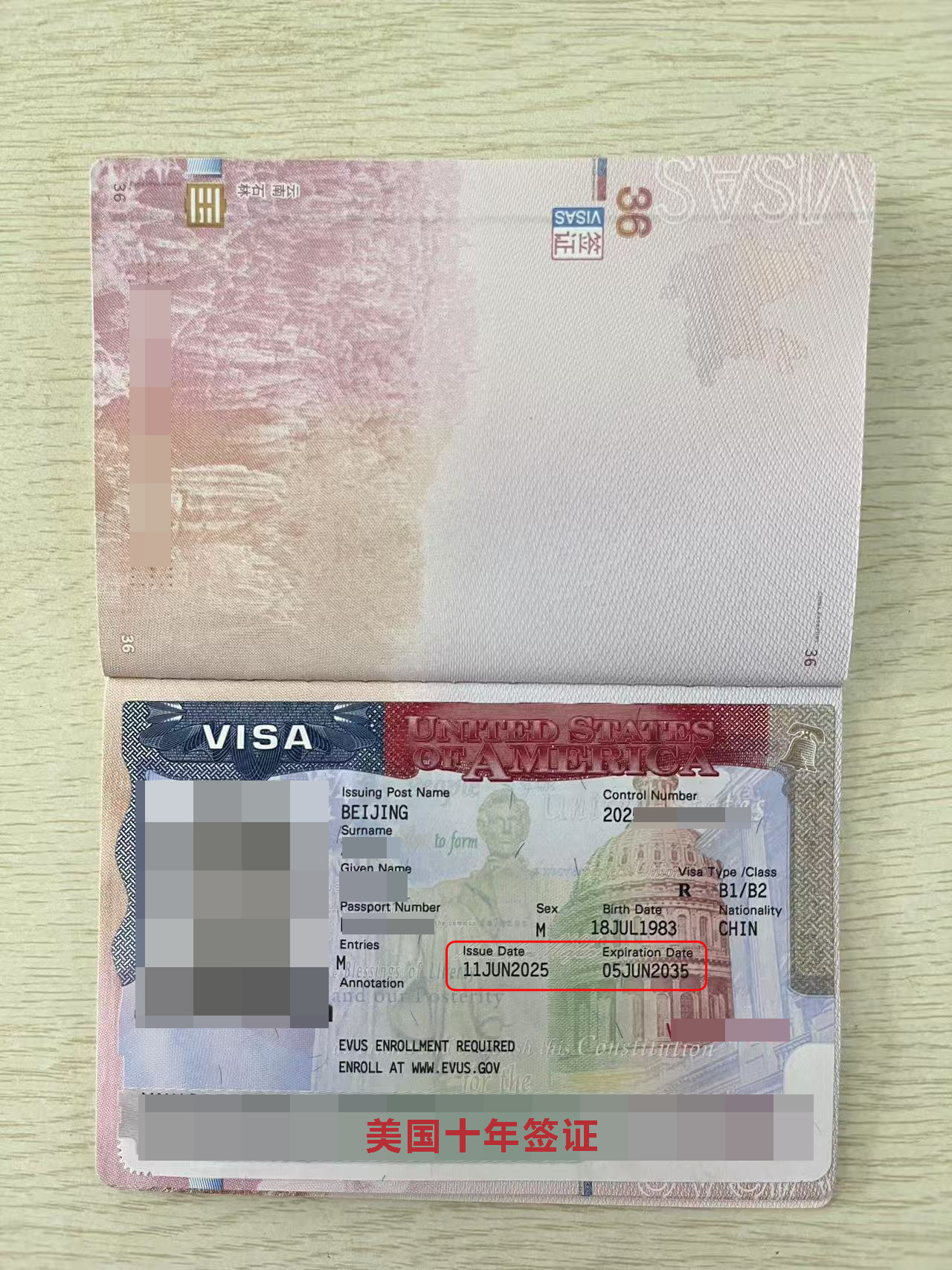 美國十年簽證頁